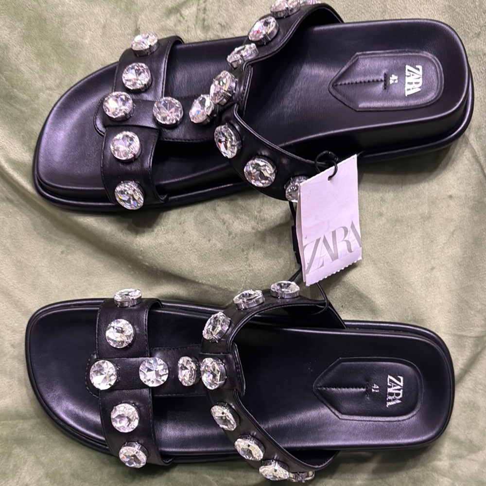Zara Black Crystal Embellished Sandals - Picture 2 of 7